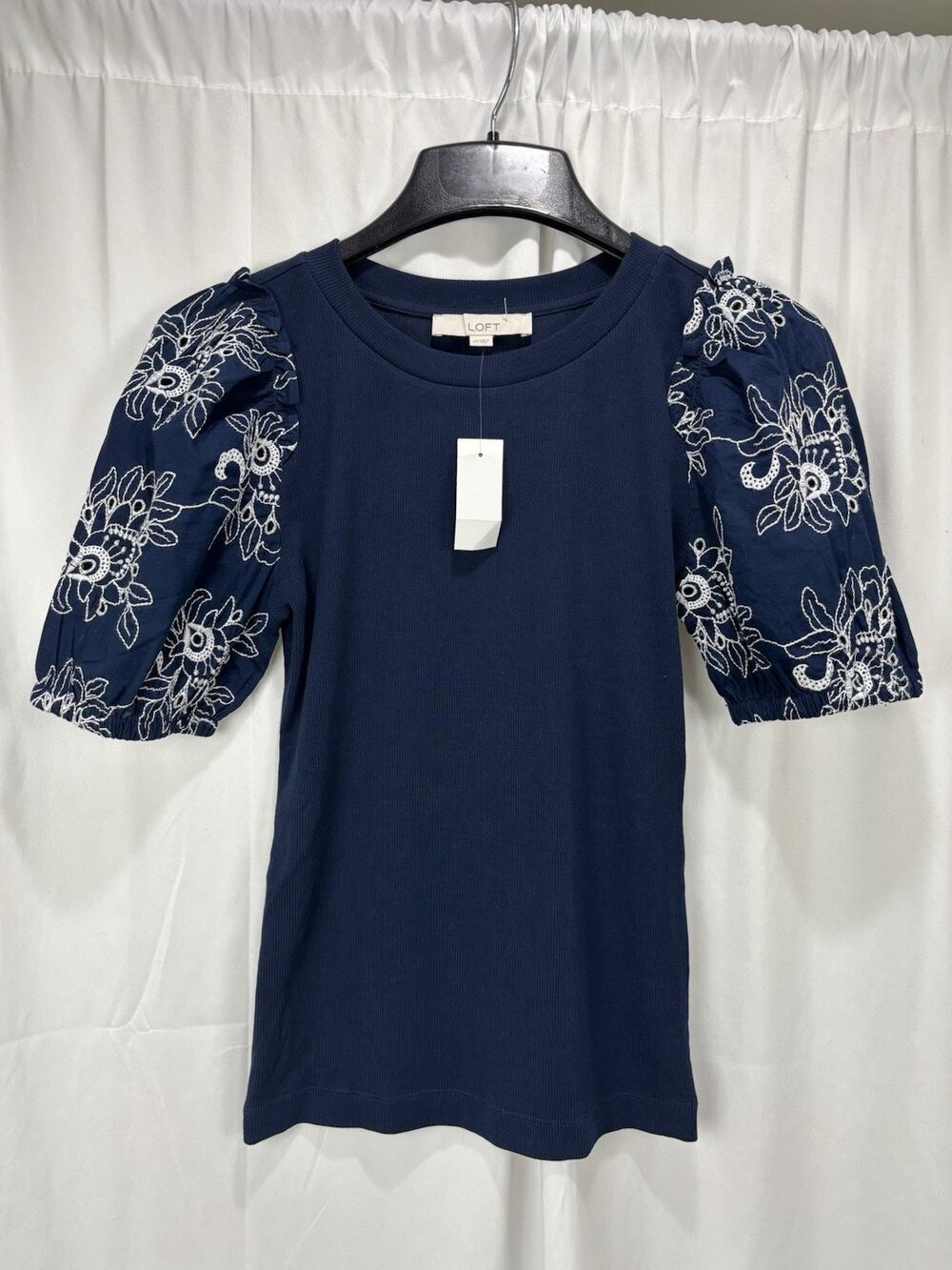 Loft Navy Blue Floral Embroidered Puff Sleeve Ribbed Cotton Top XS Preppy NWT